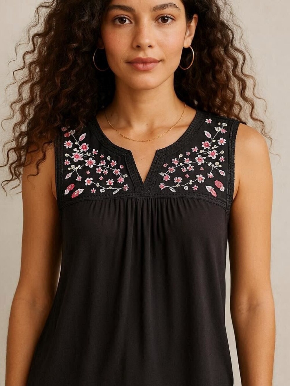 Boho Sleeveless Floral Embroidery Tank Black With Pink & White Embroidery  Sz M